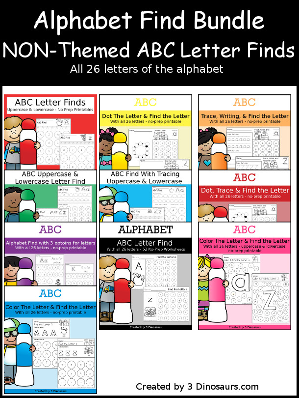Alphabet Letter Find Bundle - with all the non-seasonal alphabet letter find printables all the selling and bonus free from the site - 3Dinosaurs.com