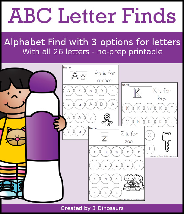 Alphabet Themed Letter Find Printable - with 3 versions of the letter find for each letter with uppercase only, lowercase only and uppercase and lowercase together with find the letter with no tracing - 3Dinosaurs.com
