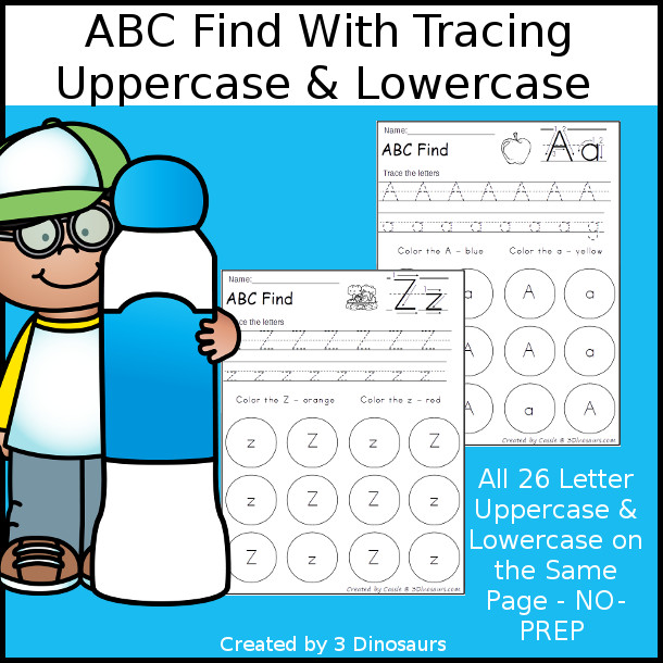 ABC Letter Find Uppercase & Lowercase Printable with tracing one letter on each page - 3Dinosaurs.com