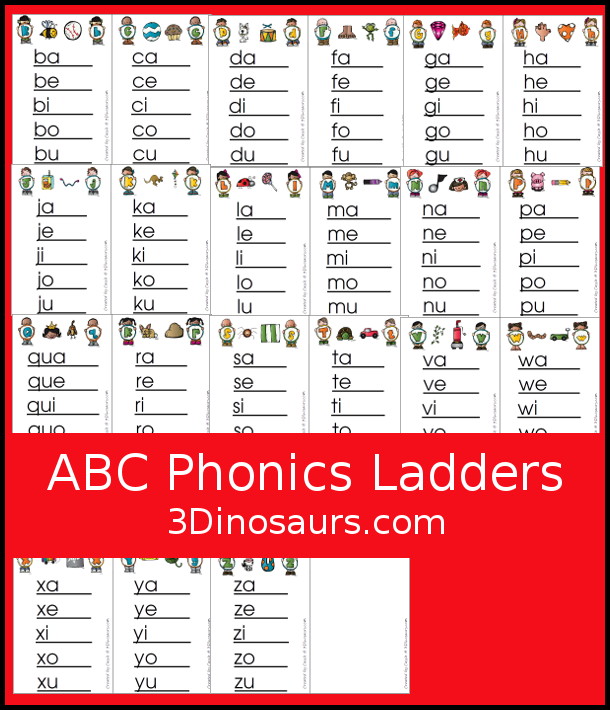 Free ABC Phonic Ladders - with a consonant vowel blend ladders to work on beginning letter and vowel sound to build CVC CVCC and CVCe words - 3Dinosaurs.com