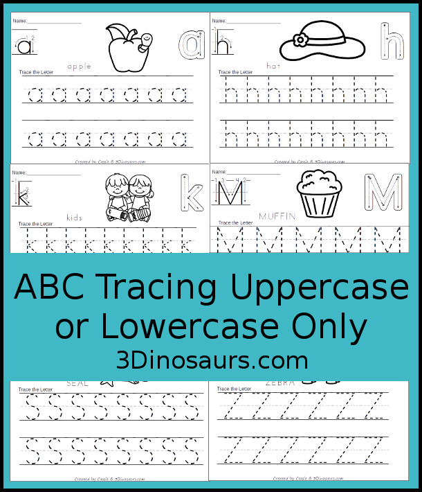 Free No-Prep ABC Tracing Pages Uppercase or Lowercase for the whole Alphabet - 52 pages of printabes for kids to work on the letters they are working on - 3Dinosaurs.com