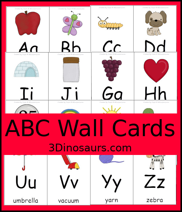 FREE ABC Wall Cards - all 26 letters wall cards to use with kids - 3Dinosaurs.com