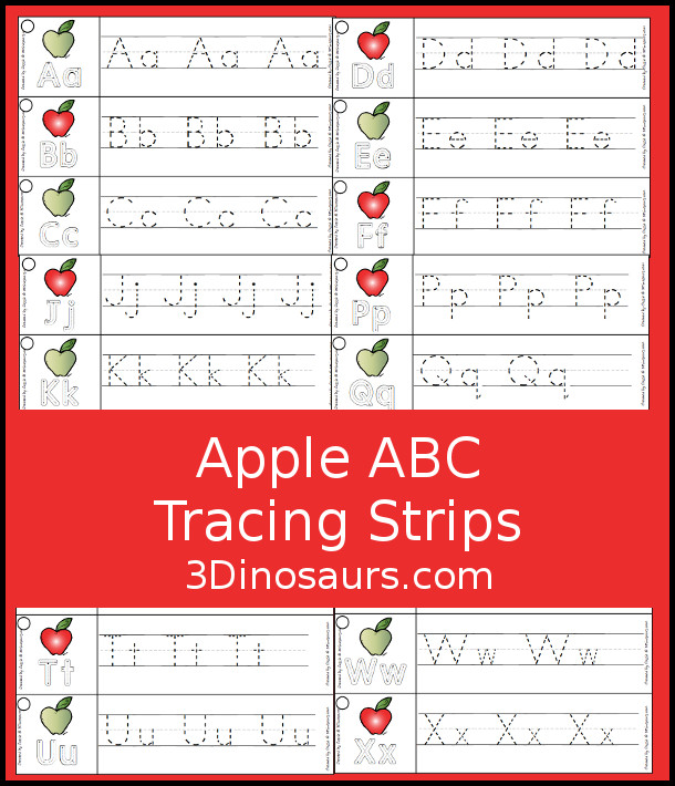 Free Apple Theme ABC Tracing Strips - - with uppercase and lowercase together. You have fun kids with an apple plus you can see an example of how to trace the letters - 3Dinosaurs.com