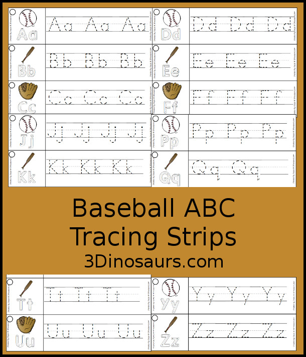 Free Baseball ABC Tracing Strips - with all 26 letters of the alphabet with uppercase and lowercase tracing together to work on letter handwriting. Plus an example of how to trace the letters - 3Dinosaurs.com