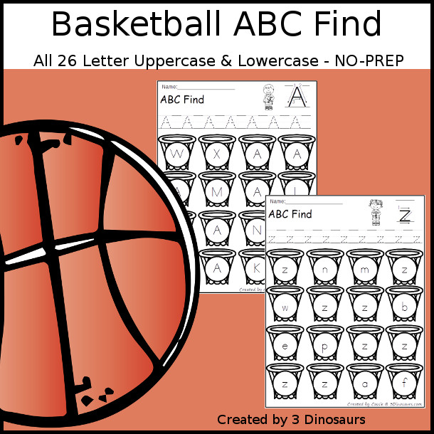 Basketball ABC Letter Find Printable with uppercase ABC finds and lowercase ABC finds. You trace the letters and the find the letter - 3Dinosaurs.com
