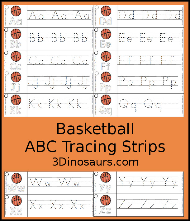 Free Basketball ABC Tracing Strips - with uppercase and lowercase together. You have fun kids with a basketball plus you can see an example of how to trace the letters - 3Dinosaurs.com