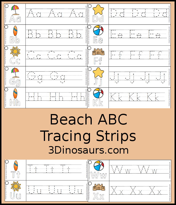 Free Beach ABC tracing Strips. You have all 26 letters of the alphabet with tracing letters from a to z with an uppercase letter and a lowercase letter. - 3Dinosaurs.com