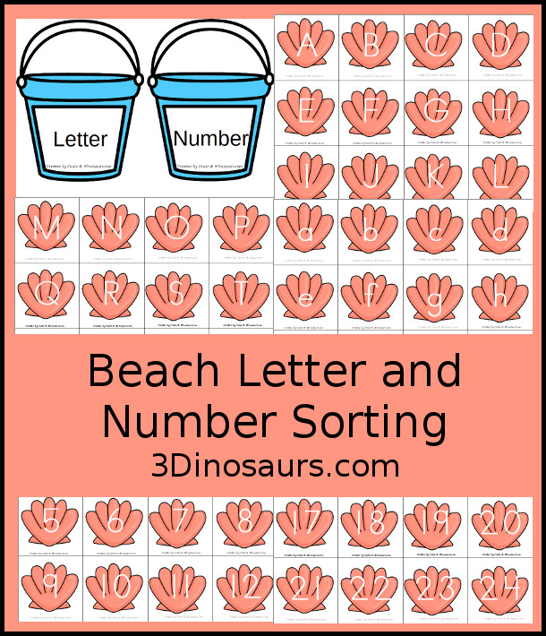 Free Beach Themed Number & Letter Sorting - All 26 letters with uppercase and lowercase options and nubmers 1 to 24 with sorting mats - 3Dinosaurs.com