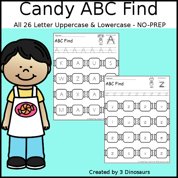 Easy No-Prep Candy ABC Letter Find - easy no-prep printables with a fun candy theme 52 pages with uppercase and lowercase $ - 3Dinosaurs.com