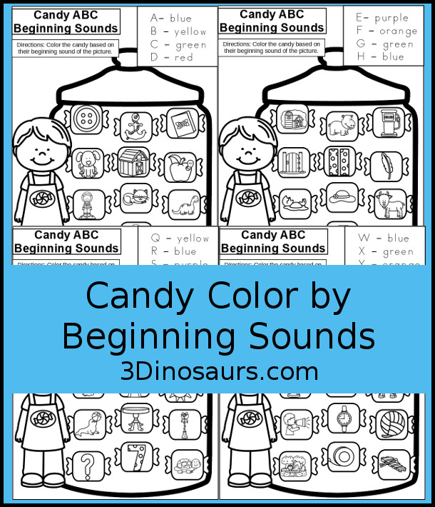 Free Candy Jar Color By Beginning Sound - 7 pages of printables with 4 letter sounds on each page for kids to find. A great no-prep beginning sounds worksheets - 3Dinosaurs.com
