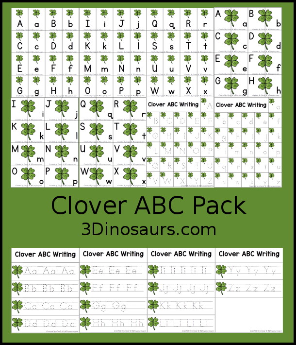 Free Clover ABC Pack - Matching ABC cards, ABC matching puzzles, uppercase tracing chart, lowercase ABC tracing chart and handwriting pages - 3Dinosaurs.com