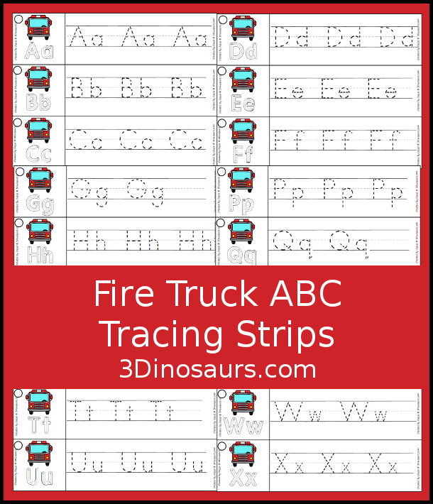 Free Fire Truck ABC Tracing Strips - with uppercase and lowercase together. You have fun kids with a Fire Truck- plus you can see an example of how to trace the letters - 3Dinosaurs.com