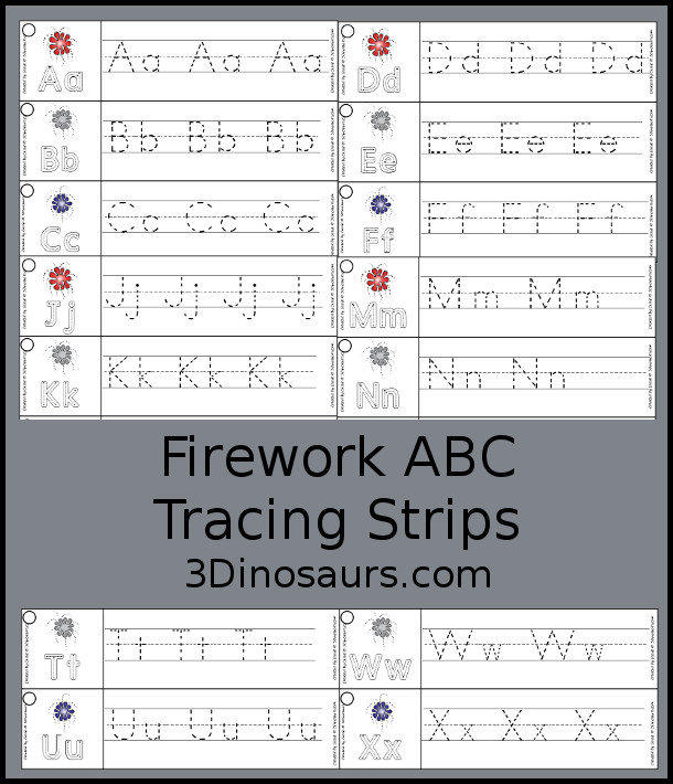 Free Firework ABC Tracing Strip Printable - with all 26 letters of the alphabet with example of letters and tracing of uppercase and lowercase letters - 3Dinosaurs.com