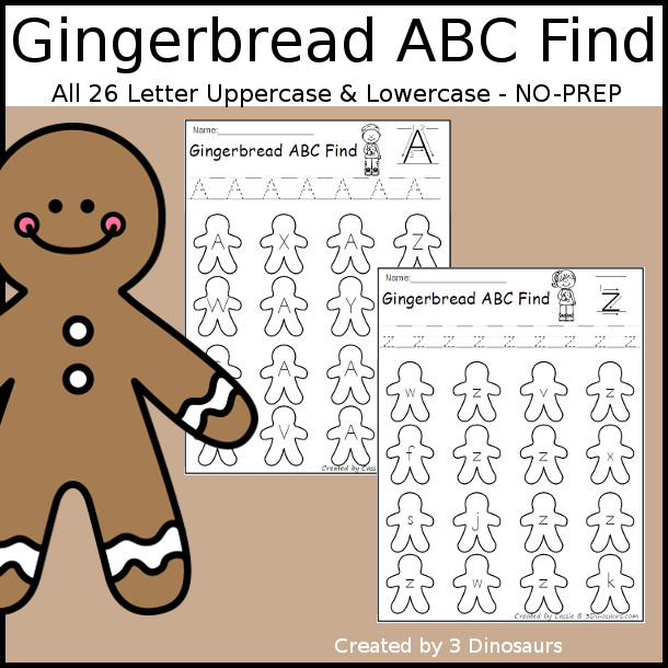 Easy No-Prep Gingerbread ABC Find - easy no-prep printables with a fun gingerbread theme 52 pages with uppercase 
</div>
</p>
<h3>What you will find in the Gingerbread ABC Find Printables:</h3>
<ul>
<li>All 26 letters in Uppercase and lowercase options</li>
<li>Tracing section for each letter</li>
<li>Several letters to dot on the gingerbread man</li>
<li>$3.50 for all 52 pages of printables</li>
</ul>
<div align=