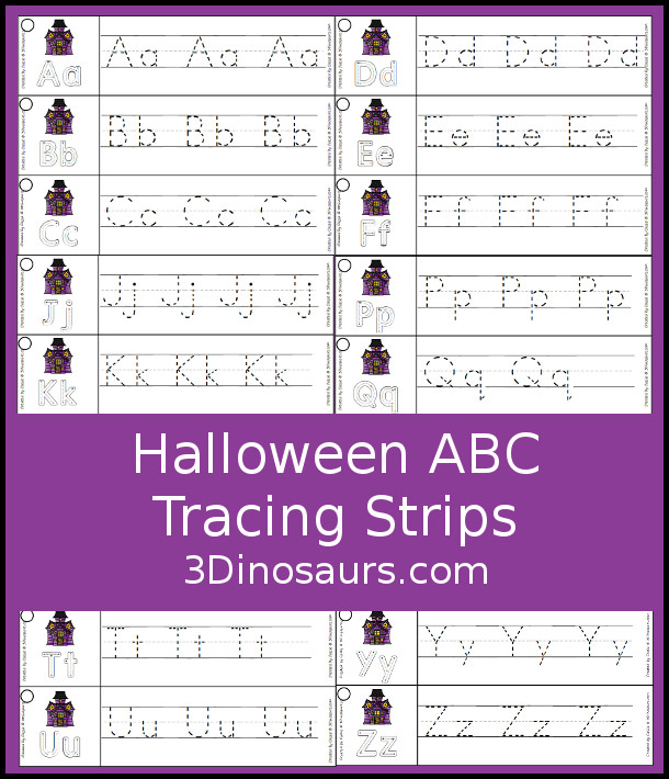 Free Halloween ABC Tracing Strips - with uppercase and lowercase together. You have fun kids with a haunted house, plus you can see an example of how to trace the letters - 3Dinosaurs.com