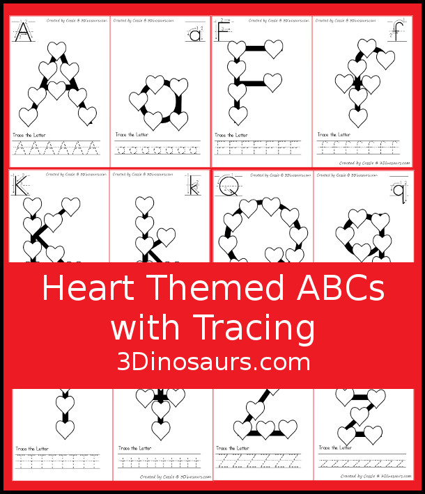 Free Heart ABC Letters with Tracing - it has all 26 letters of the alphabet with tracing included - 3Dinosaurs.com