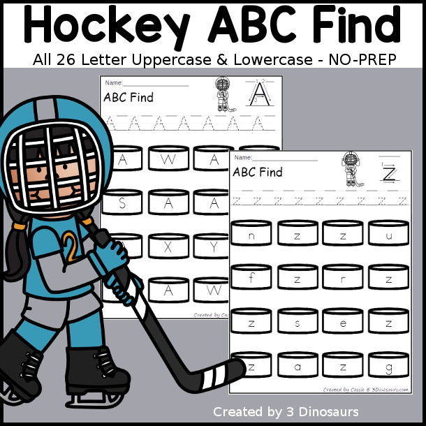 Hockey ABC Letter Find Printable - a fun letter find with uppercase and lowercase letters with tracing the letters and then finding the letters. You have letters on the hockey picks. You have uppercase only and lowercase only for all 26 letters of the alphabet. - 3Dinosaurs.com
