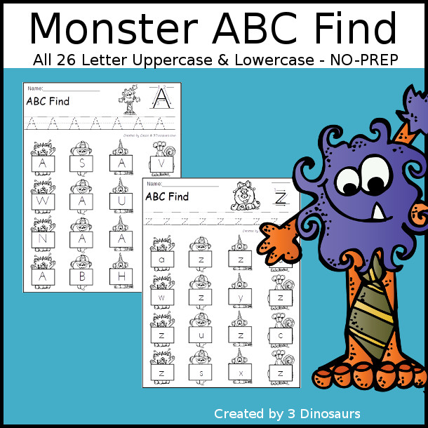 Monster ABC Letter find printable with 52 pgaes of printable that work on uppercase letter or lowercase letter for all 26 letters of the alphabet - 3Dinosaurs.com