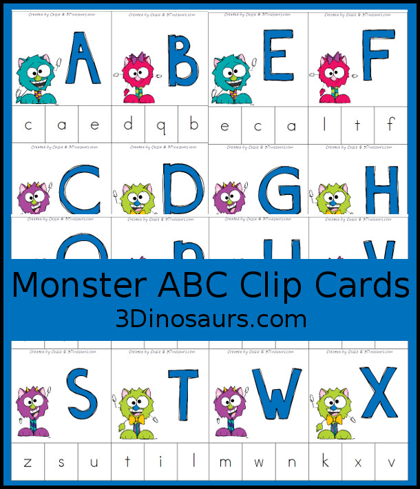 Free Monster ABC Clip Cards - with matching uppercase letter with lowercase letter in a fun letter monster activity for kids - 3Dinosaurs.com