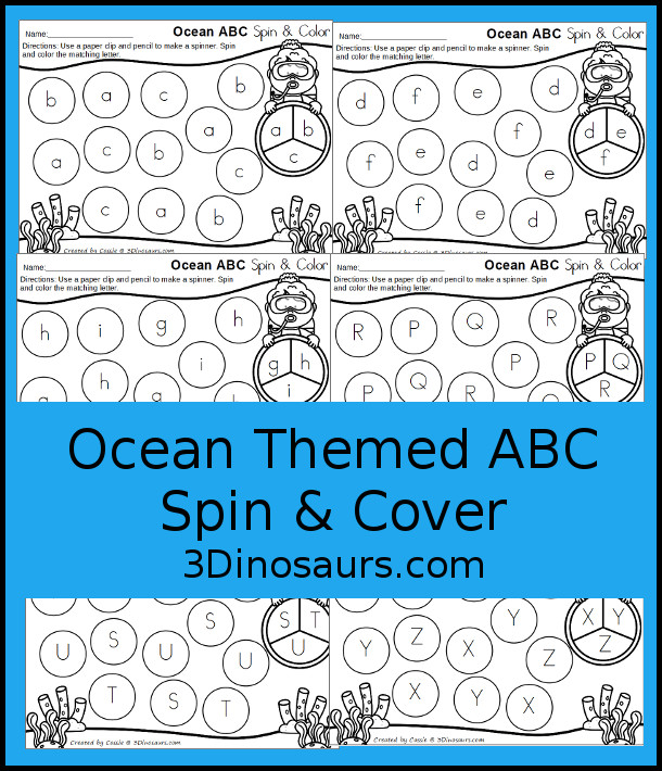 Free Ocean ABC Spin and Color - two sets with uppercase or lowercase only option. Plus see some ways to use these fun letter mats - 3Dinosaurs.com