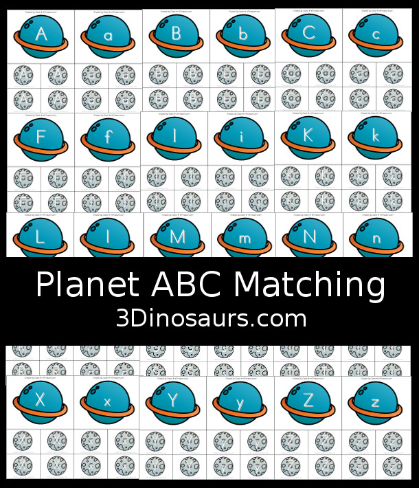Free Space ABC Planet and Moon Matching - with planets with letters and moons for sorting to the planets with the same letter on the moon. You have all 26 letters of the alphabet and it has one letter on each page - 3Dinosaurs.com