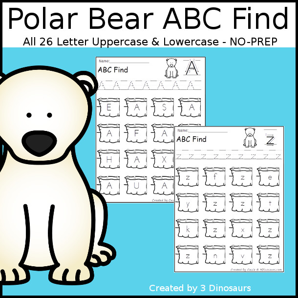 Easy No-Prep Polar Bear ABC Letter Find - easy no-prep printables with a fun arctic theme 52 pages with uppercase and lowercase $ - 3Dinosaurs.com