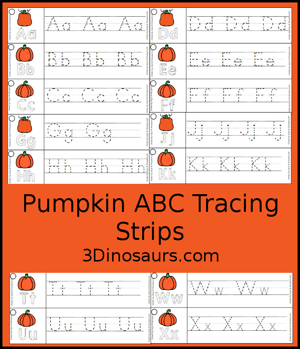 Free Pumpkin Theme ABC Tracing Strips - - with uppercase and lowercase together. You have fun kids with a pumpkin plus you can see an example of how to trace the letters - 3Dinosaurs.com