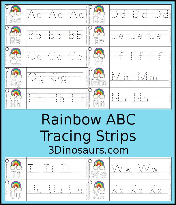 Free Rainbow ABC Tracing Strips - with uppercase and lowercase together. You have fun kids with a rainbow plus you can see an example of how to trace the letters - 3Dinosaurs.com