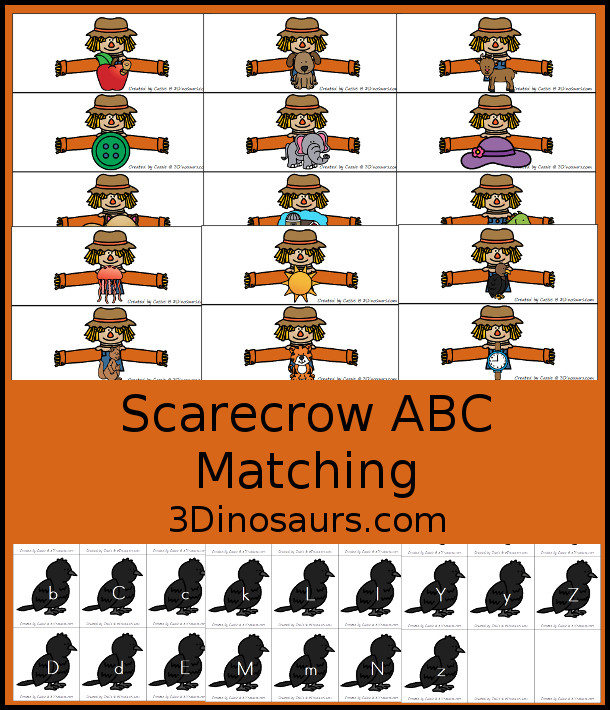 Free Scarecrow ABC Matching Printable -0 matching the beginning sound for each picture on the scarecrow with a crow that has an uppercase and lowercase letter. All 26 letters of the alphabet. - 3Dinosaurs.com