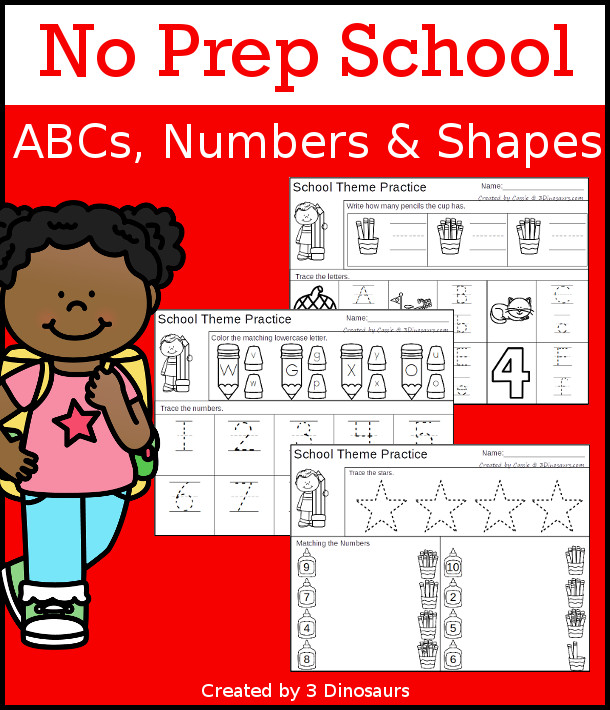 No-Prep School ABCs, Numbers & Shapes - with 30 pages of no-prep activities for ABCs, numbers, and shapes with a school theme $ - 3Dinosaurs.com