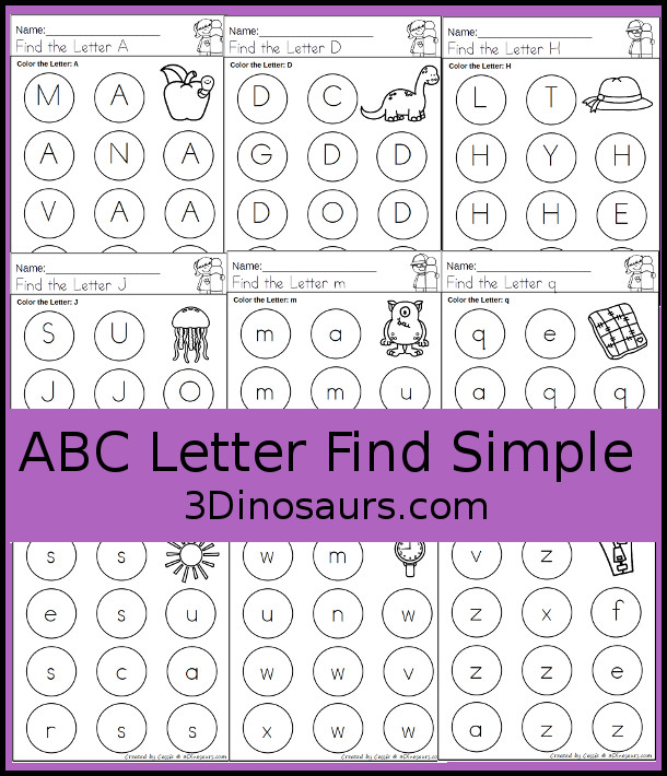 Free Simple A to Z Letter Find for the Whole Alphabet - You have uppercase and lowercase letter finds with 6 letters to find on each page. Super simple layout and easy to use - 3Dinosaurs.com