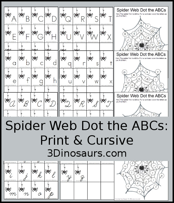 Free ABC Find and Dot Spider Webs: Print & Cursive - 4 find matchs in print and cursive in uppercase and lowercase leters with matching cards for all the mats - 3Dinosaurs.com #abcs #print #cursive #kindergarten #thirdgrade #spidertheme #freeprintable #halloween