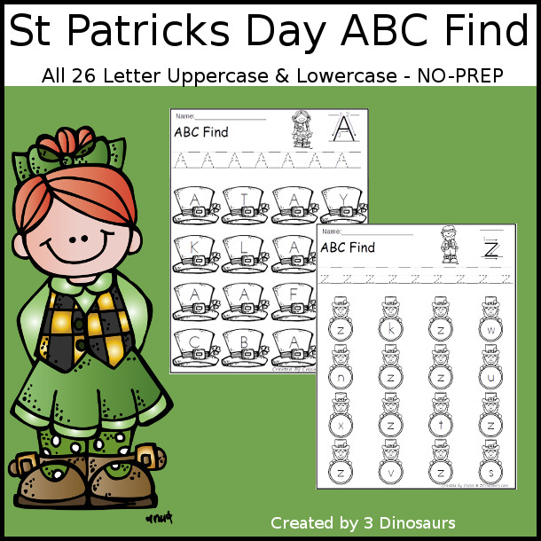 Easy No-Prep St Patrick's Day ABC Find - easy no-prep printables with a fun leprechaun or hats theme 52 pages with uppercase and lowercase $ - 3Dinosaurs.com