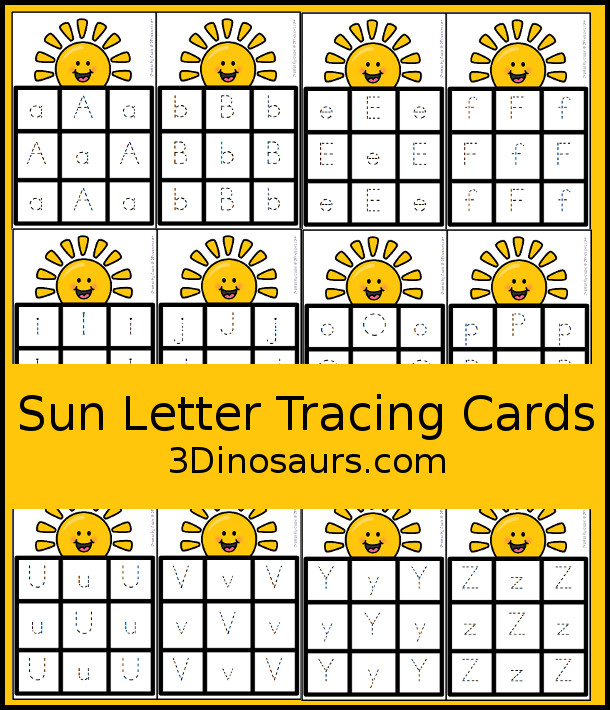 Free Sun ABC Tracing Cards with a 3 by 3 tracing rows of uppercase and lowercase letters. A fun way to change up handwriting for kids. - 3Dinosaurs.com