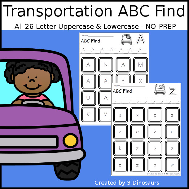 Easy No-Prep Transportation ABC Find - easy no-prep printables with a fun camping tent theme 52 pages with uppercase and lowercase $ - 3Dinosaurs.com