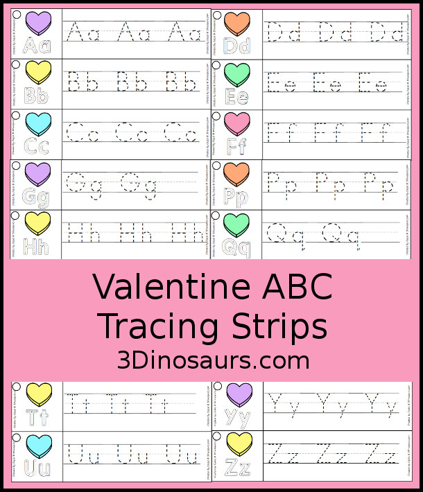 Free Valentine Theme ABC Tracing Strips - with uppercase and lowercase together. You have fun kids with a heart plus you can see an example of how to trace the letters - 3Dinosaurs.com
