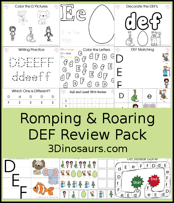 Free Romping & Roaring DEF Review Pack - with letter d, letter e, and letter f printables for reviewing the three letters with tracing, puzzles, coloring pages, finger puppets, game and more - 3Dionsaurs.com
