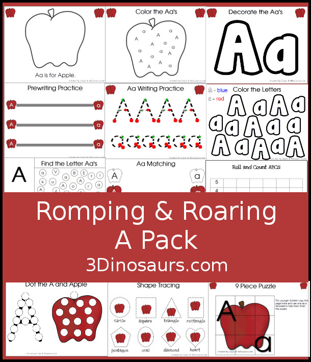 Free Romping & Roaring R Pack - 47 pages of activities with writing, tracing, coloring, puzzles, dot marker letters and more - 3Dinosaurs.com