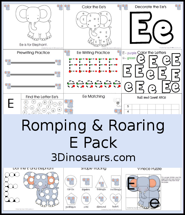 Free Romping & Roaring E Pack Letter Pack: E is for Elephant - a letter E pack that has prewriting, finding letters, tracing letters, coloring pages, shapes, puzzles, and more to help kids learn their letter of the alphabet - 3Dinosaurs.com