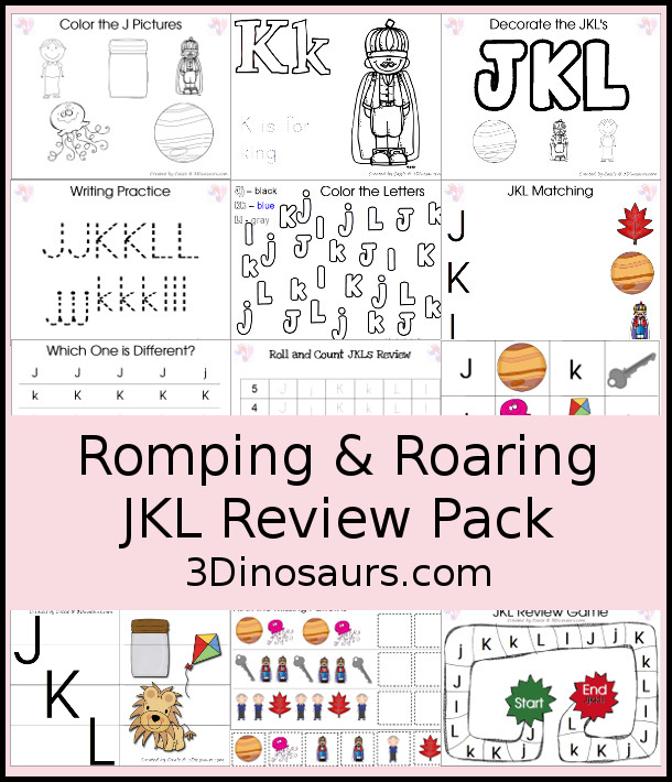 Free Romping & Roaring JKL Review Pack - with letter j, letter k, and letter l printables for reviewing the three letters with tracing, puzzles, coloring pages, finger puppets, game and more- 3Dinosaurs.com