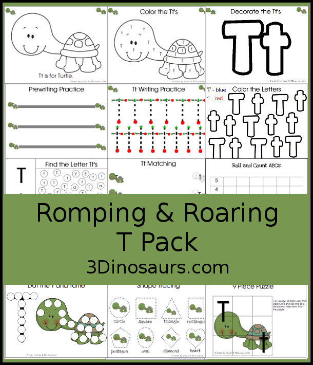 Free Romping & Roaring T Pack: T is for Turtle - a letter T pack that has prewriting, finding letters, tracing letters, coloring pages, shapes, puzzles and more - 3Dinosaurs.com