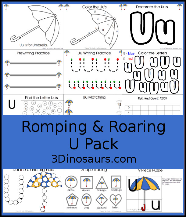 Free Romping & Roaring U Pack Letter Pack: U is for Umbrella - a letter U pack that has prewriting, finding letters, tracing letters, coloring pages, shapes, puzzles and more - 3Dinosaurs.com