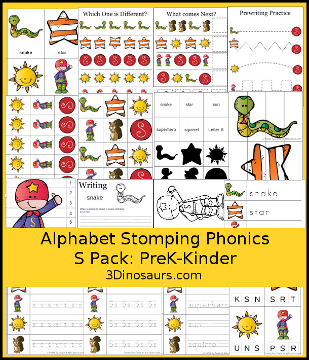 Free Alphabet Stomping Phonics S Prek-Kinder Pack - 30 pages of printables - 3Dinosaurs.com