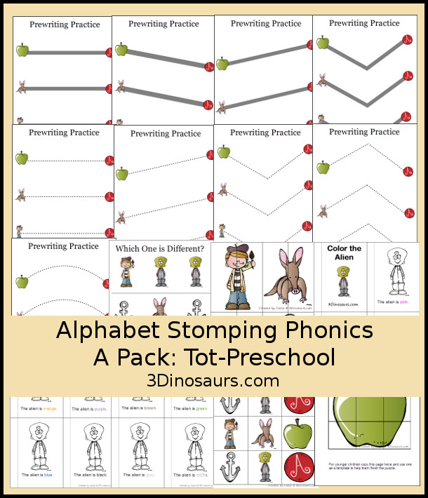 Free Alphabet Stomping Phonics A Tot-Preschool Pack - 20 pages of printables - 3Dinosaurs.com