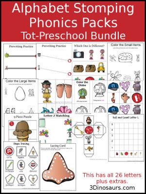 Alphabet Stomping Phonics Packs - 2 Different level of phonics based packs: Tot-Preschool or PreK-Kinder - 3Dinosaurs.com