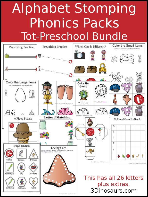 Alphabet Stomping Phonics Packs - 2 Different level of phonics based packs: Tot-Preschool or PreK-Kinder - 3Dinosaurs.com
