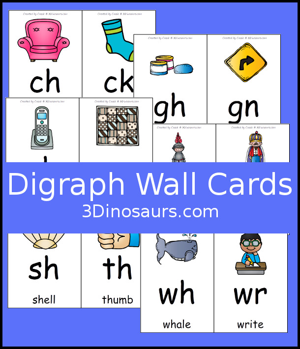 Free Digraph Wall Cards: ch, ck, gh, gn, kn, ng, ph, qu, sh, th, wh, wr, tch - 9 pages of printables - 3Dinosaurs.com