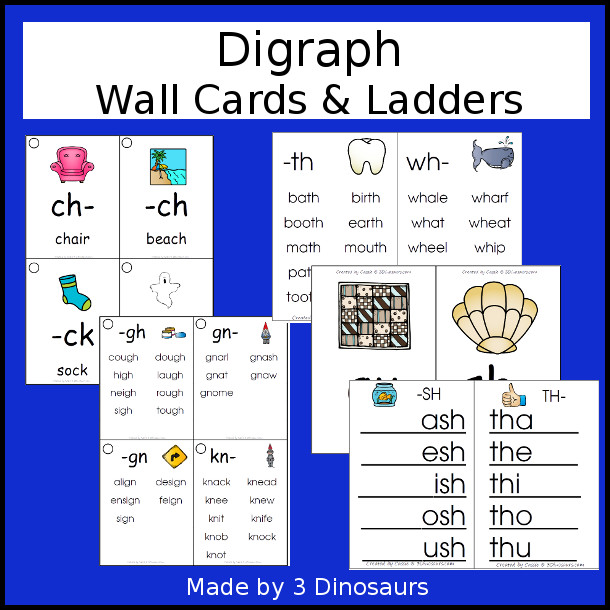 Digraph Wall Cards & Ladder: two cards types with 2 size options for each 40 pages of printables - 3Dinosaurs.com