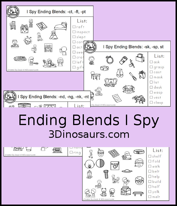 Free Ending Blends I-Spy Printables with 4 pages of pritnables that work on the following ending blends: -ct, -ft, -ld, -lf, -lk, -lp, -lt, -nd, -ng, -nk, -nt, -pt, -sk, -sp, -st. You hvae nine words to find on each page  - 3Dinosaurs.com