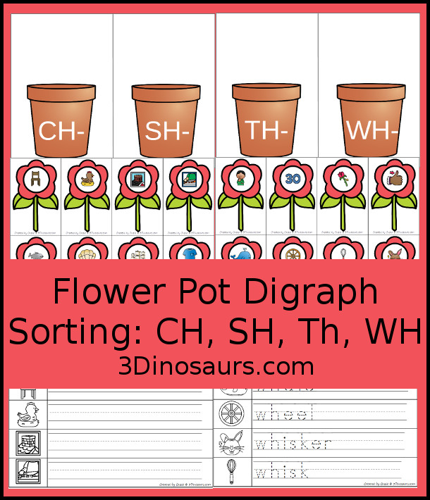 FREE Flower Digraph Sorting Activity with Worksheet - 4 beginning digraphs ch, sh, th, wh with worksheets for writing words or tracing words - 3Dinosaurs.com